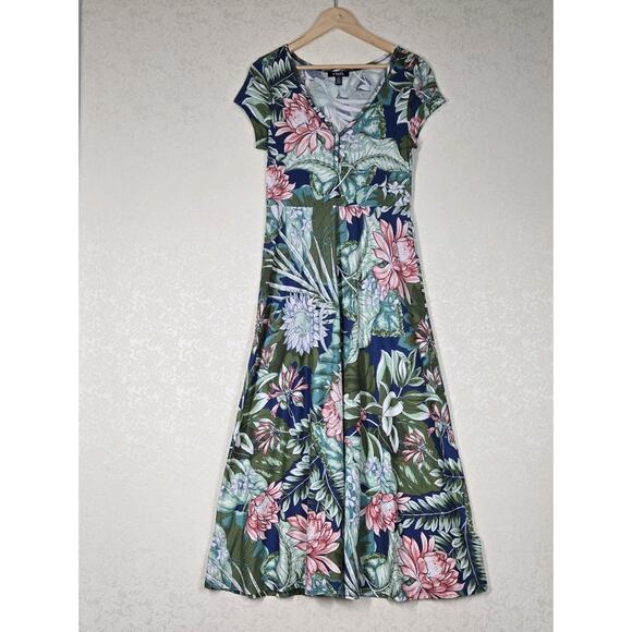 Chaps Maxi Dress sz M Green Blue Multi Floral 100% Cotton Knit V Neck Tropical - Picture 12 of 12